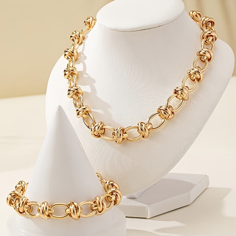 TEMU A Set Of Fashionable, Minimalist Thick Chain Gold-plated Women's Bracelet And Necklace Combo Suitable For Daily Wear Or Parties