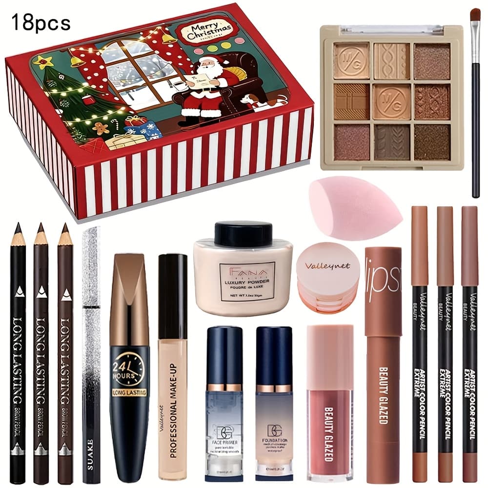 TEMU 18pcs Full Christmas Makeup Kit With Eyeshadow Palette, Foundation, Blush, Lipstick & Brushes - Set Suitable For Christmas Surprise Gifts,