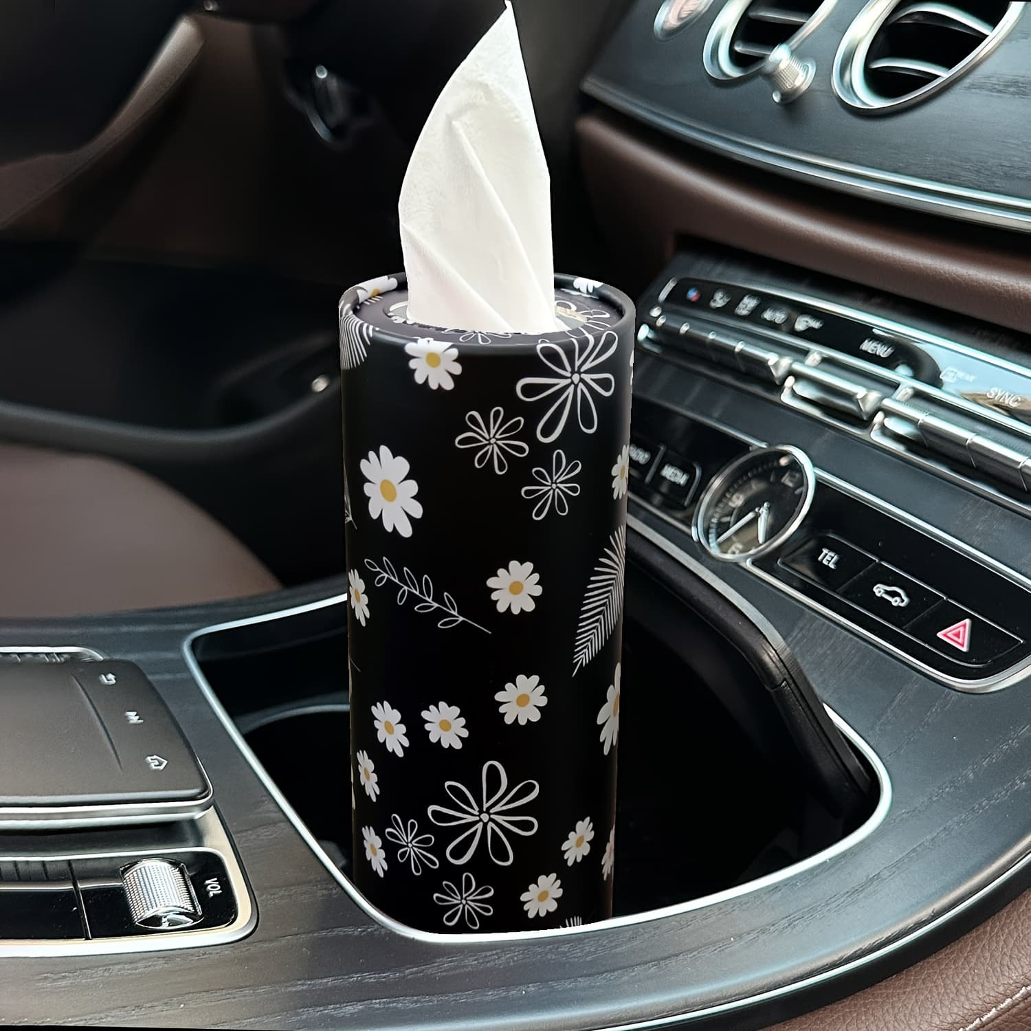 TEMU Daisy & Car Tissue Holder With Paper - Fit For Cup Holders, Perfect For Travel & Home Use