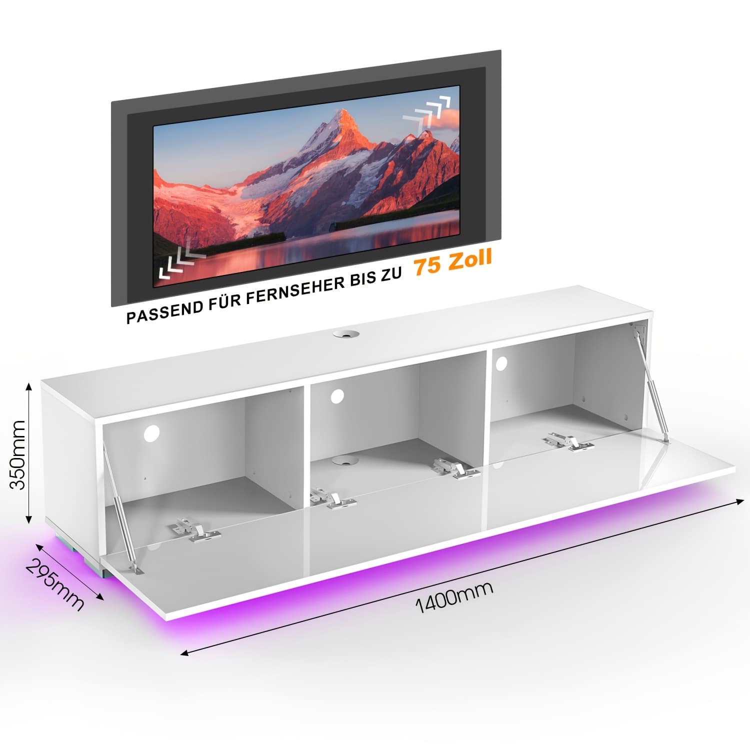 TEMU Floating Tv Unit Stand With Rgb Led Lighted, High Gloss Tv Stand With Pull-down Door, Modern Wall Mounted Tv Cabinet With Storage Shelves For