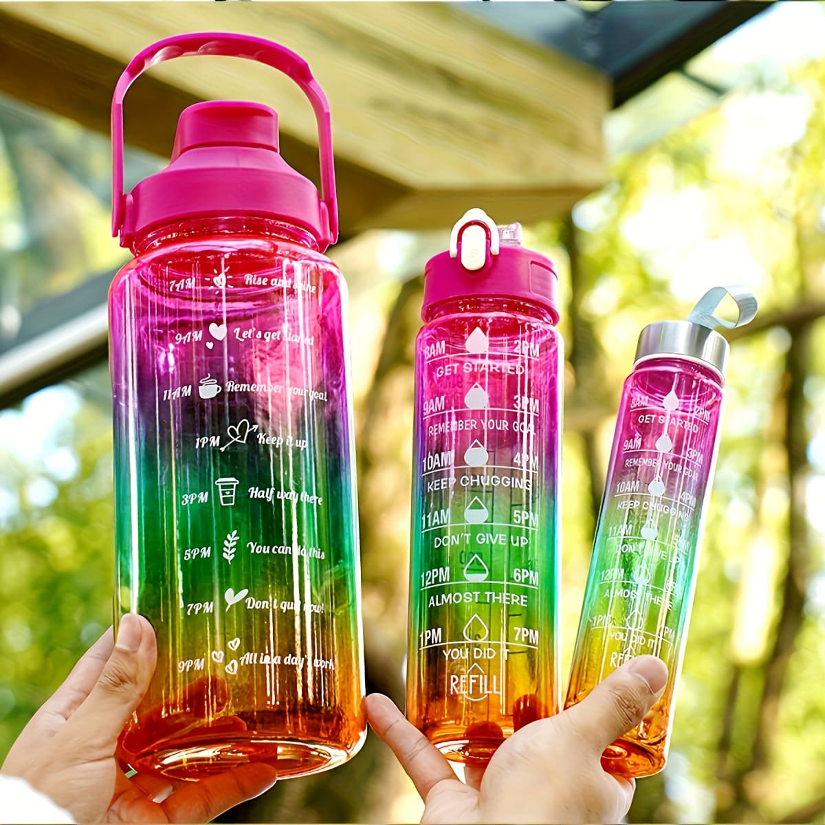 TEMU 3pcs Set Of Transparent Gradient Outdoor Water Bottles - 2000ml Cups With Straw For Hiking And Camping