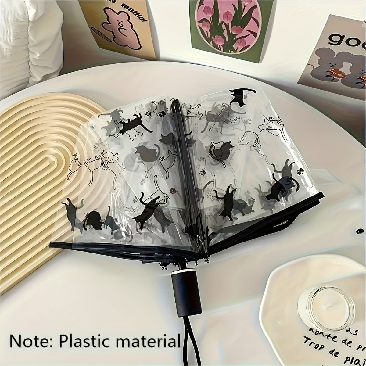 TEMU 1pc, Black Cat Pattern Manual Transparent Folding Umbrella, Compact And Portable, Suitable For Travel And Weddings, Best Gift For On Father's