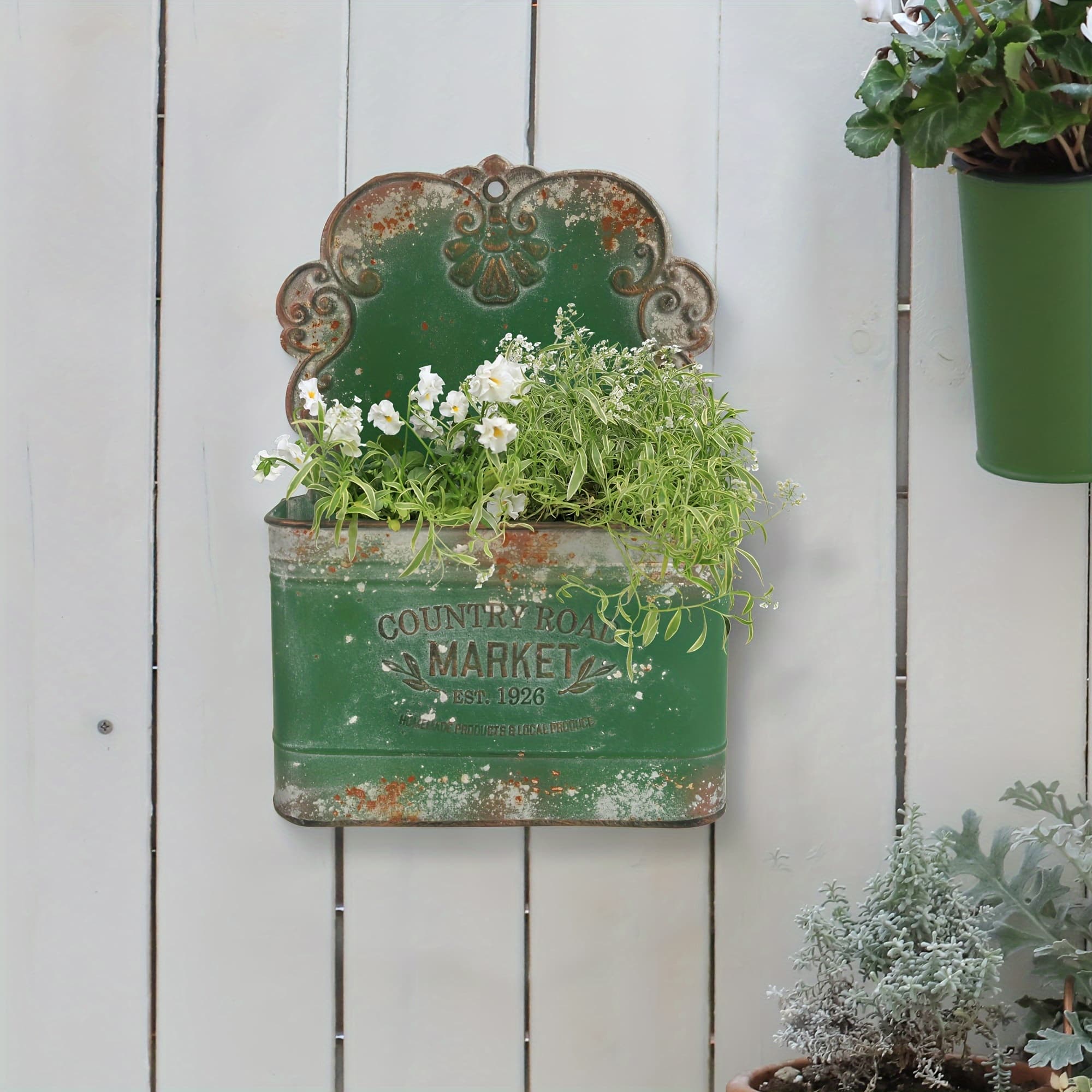 TEMU 1pc Outdoor Wall-mounted Flower Pot, Rustic Hanging Wall Planter For Farmhouse Garden Decoration, Metal Wall Flower Pot Measuring 9.25*13.2