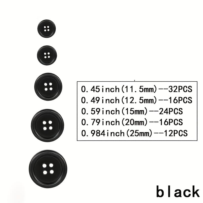 TEMU 100pcs Black Resin Sewing Buttons, 4-hole Craft Suit Shirt Buttons, 5 Sizes, Round Mixed, White Suitable For Clothing Sewing, And Holiday Decor