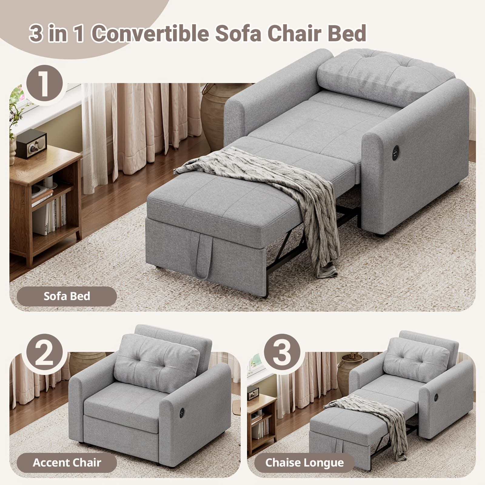 TEMU Single Sofa Bed, Small Space Convertible Sleeper Chair Bed With Side Pocket, Pull Out Sofa Bed Linen Armchair With Adjustable Backrest For Living