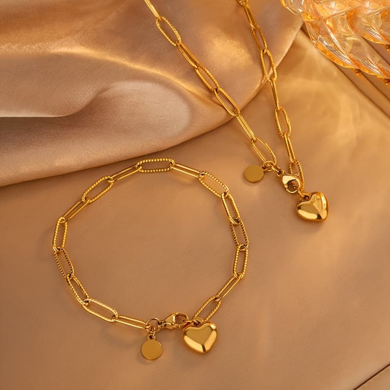 TEMU 2pcs, Sweet And Fashionable Peach Heart Round Tag Element Women' Steel Plated 18k, Jewelry Set (one Necklace + 1 Bracelet)