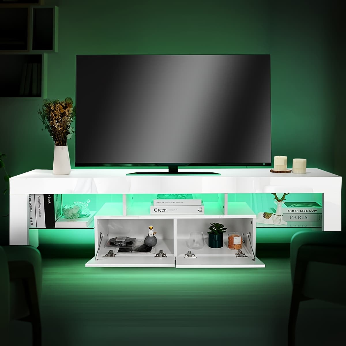 TEMU 1.6m White Glass Tv Stand ( Featuring Led Lighting), Contemporary Minimalist Style, 5mm Tempered Glass, Strong And Long-lasting, Ideal For Living