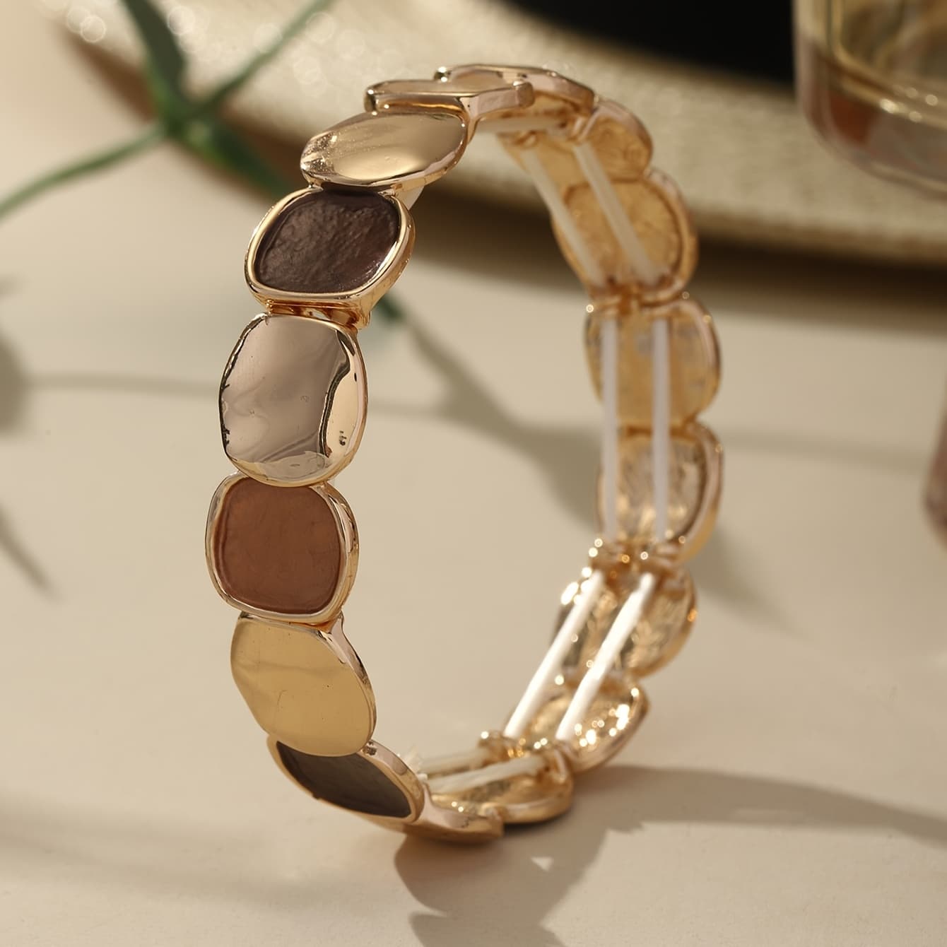 TEMU 1pc Vintage Alloy Plated Kc Golden Elastic Bracelet Bracelet Irregular Square Unisex Bracelet