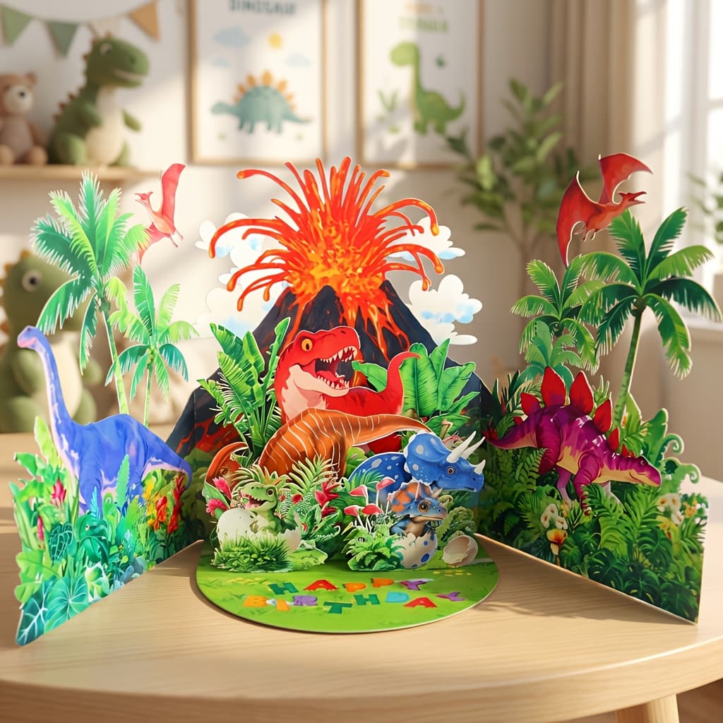 TEMU 1pc 3d Pop-up Dinosaur Volcano Birthday Card, Prehistoric World Theme Greeting Card