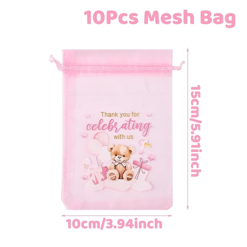 TEMU Gift For Her/him Set Of 10, Pink Bear Organza Gift Bags With Drawstring, Ideal For Baby Shower Thank You Gifts And Candy Treats, Great For Baby