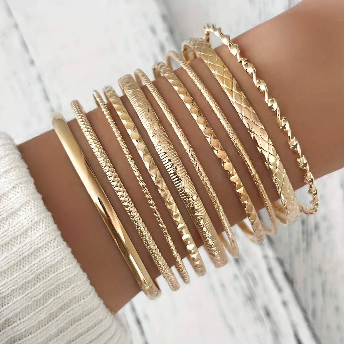 TEMU 10pcs Closed Bangle Stackable Set Minimalist Sexy Versatile Casual Carved Texture Thin Ring Bangle Set Closed Combination Set