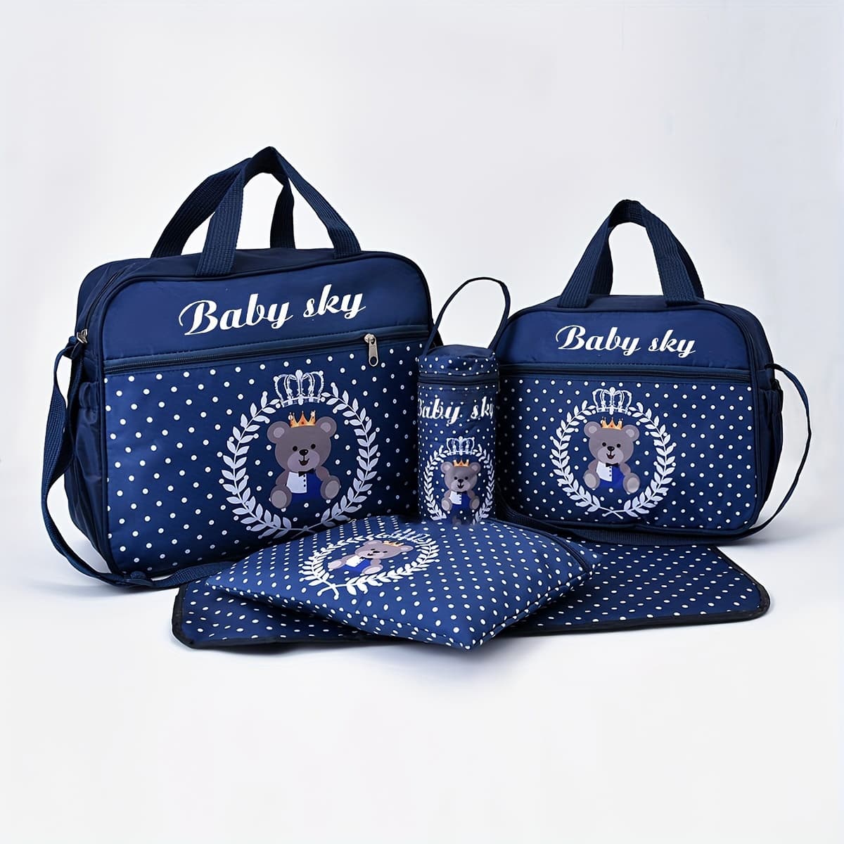 TEMU Fashion Printed Bear Mommy Bag Five-piece Set; Multifunctional Large Capacity Shoulder Crossbody Maternity Bag; Mother And Diaper Bag Set
