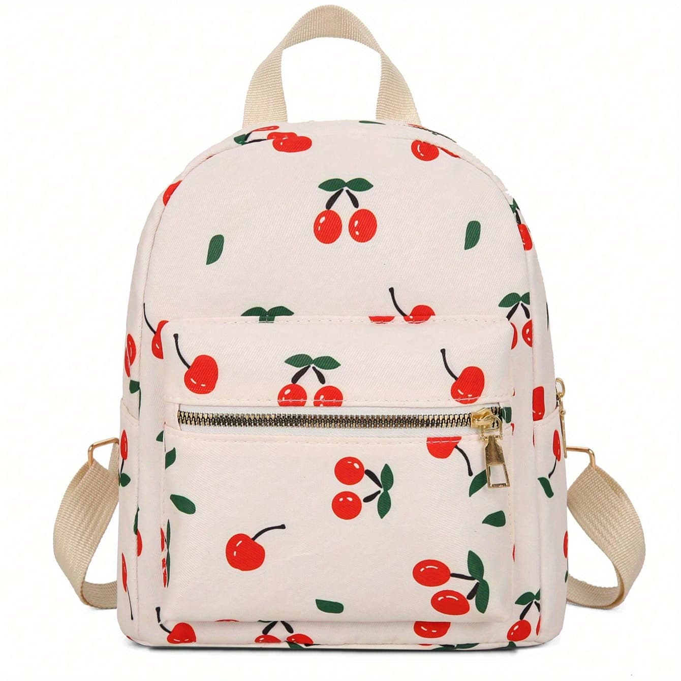 TEMU 1pc Trendy Cherry Print Mini Backpack For Women - Stylish Nylon Daypack With Multiple Compartments, Adjustable Straps & Zipper Closure, Perfect