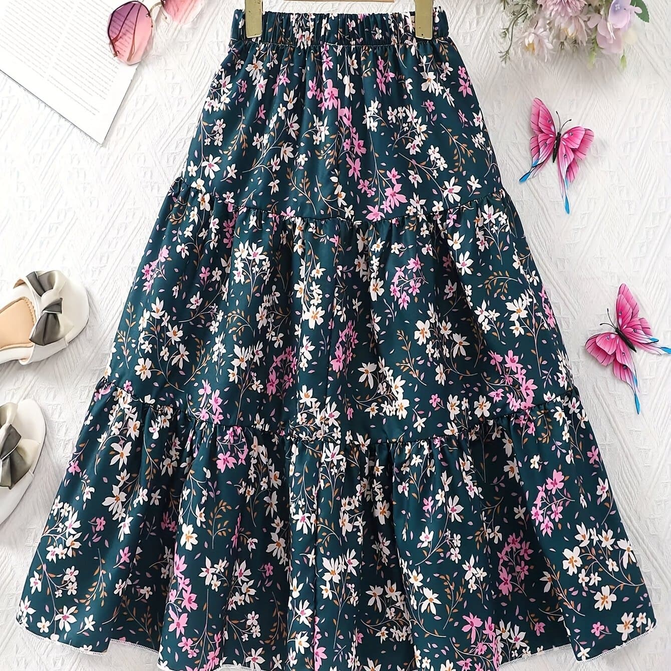 TEMU Girls' Floral Print Half-length Skirt, Versatile And Stylish Dress For Little Girls, New Chiffon Beach Dress For Children
