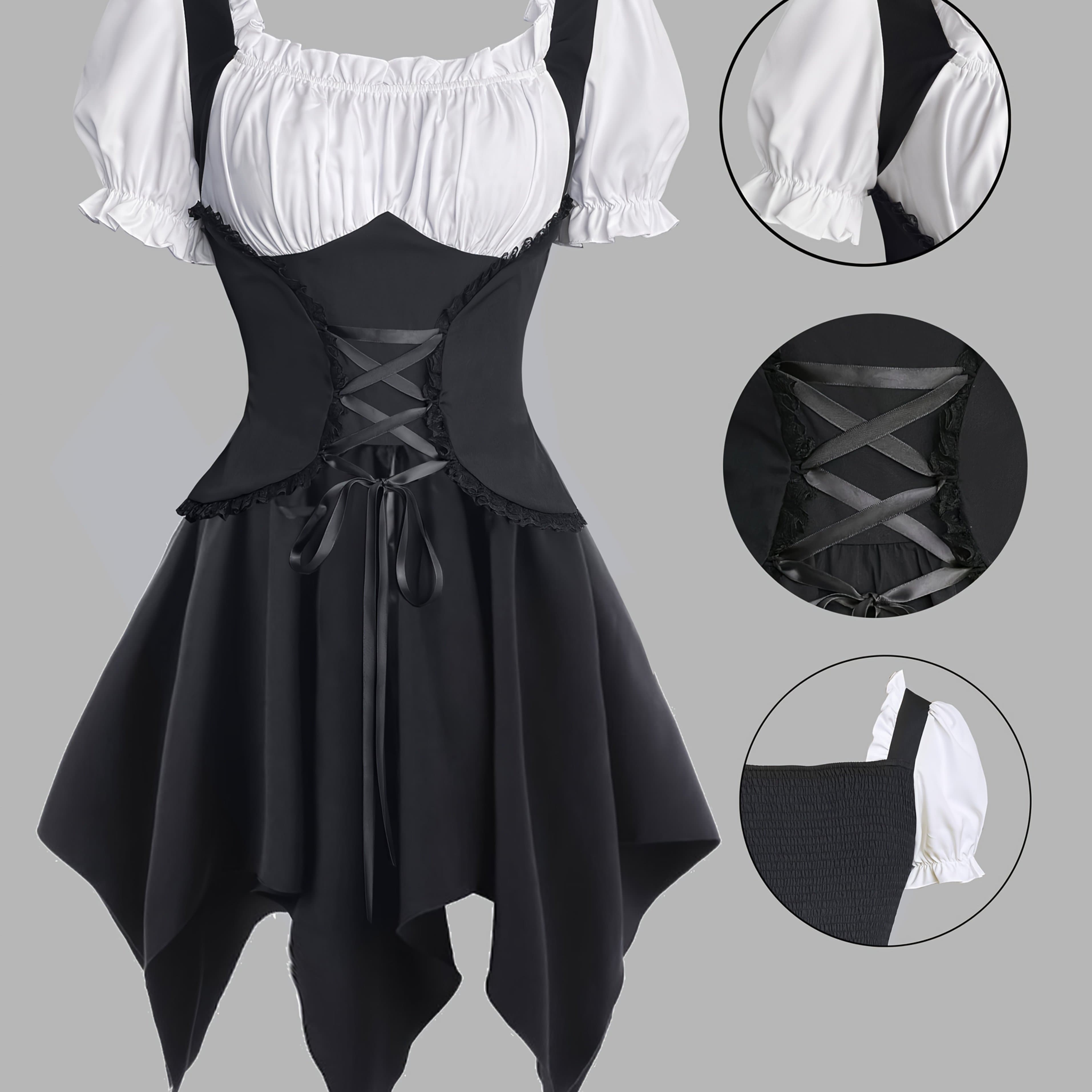 TEMU Vintage Court-style Color- Irregular Hem Cute Women's Dress, Party Holiday Cute Dress, Fashionable Lace Square Neckline Puff Sleeve Hem Dress,