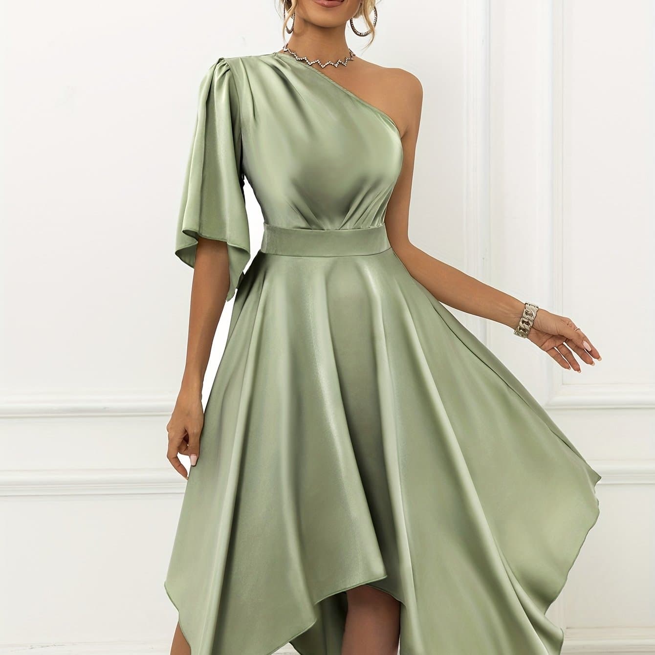 TEMU Elegant Asymmetrical One-shoulder Dress With Satin Ruffle Sleeves For Evening Events
