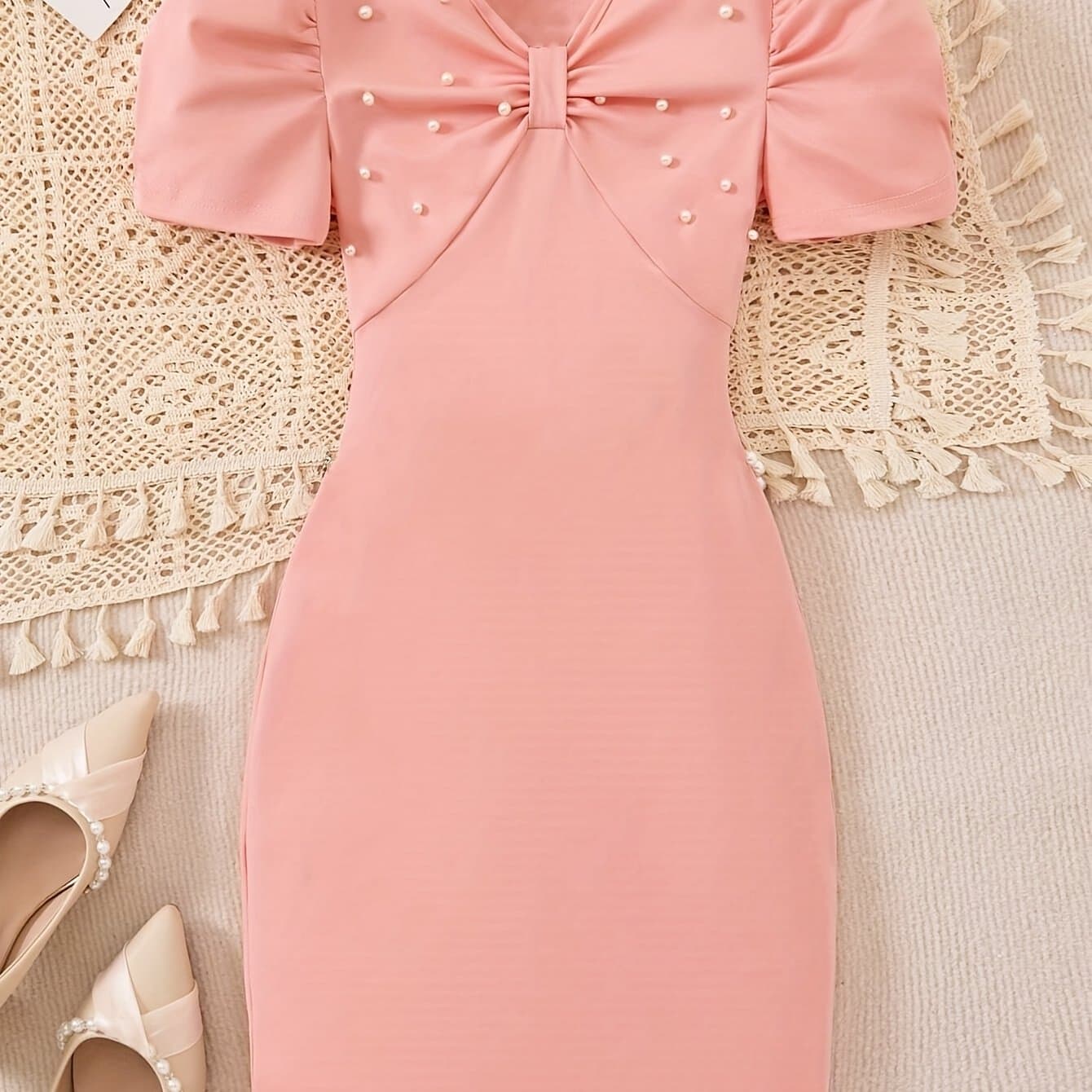 TEMU Pearl- V-neck Bowtie Short Bell Sleeve Dress - Solid Color Casual Wedding Outfit, Machine Washable Summer Dress For & Little (spring Summer Fall)