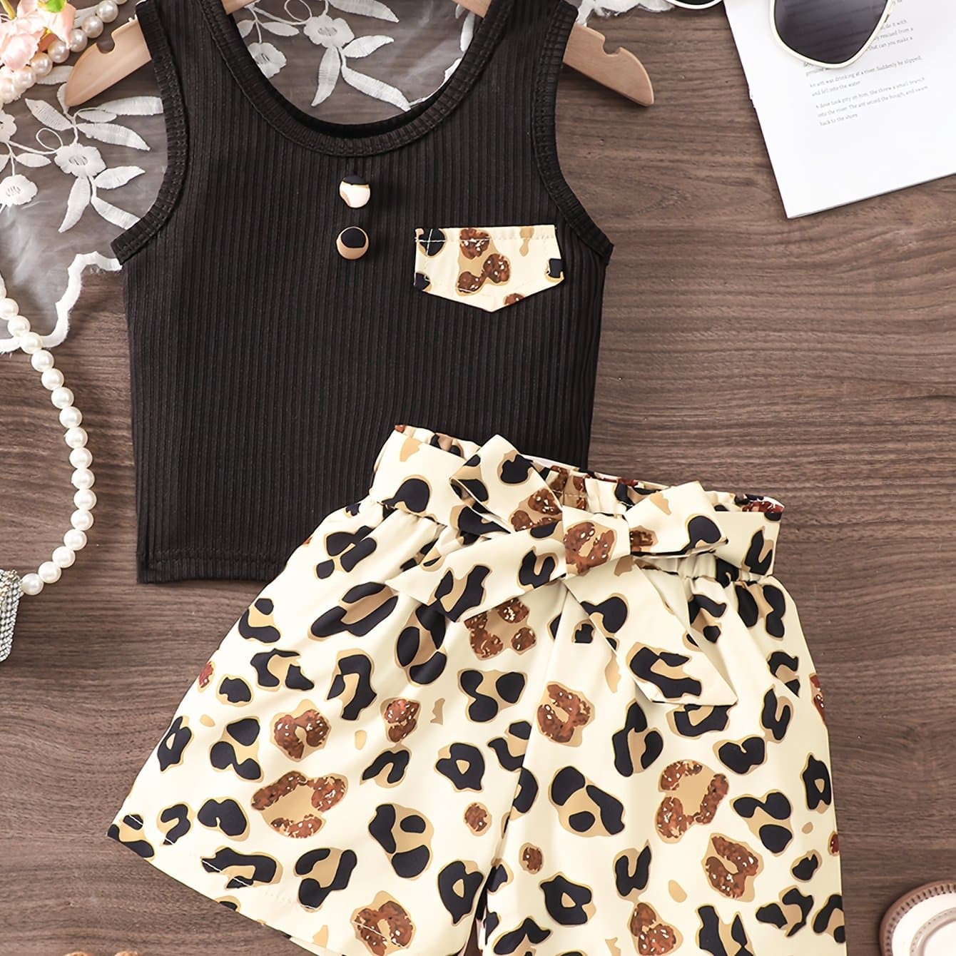 TEMU Girls' Summer Leopard Print Vest And Shorts Set | Sleeveless Crew Neck Top With Flower Bud Shorts, Casual Two-piece, For Outdoor Wear