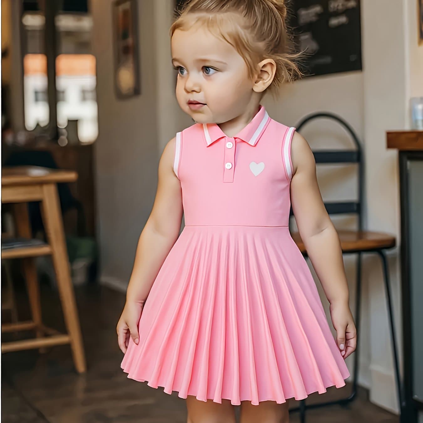 TEMU Summer Style Fashion Dress For Girls - Sleeveless With Peter Pan Collar, Heart Print, Knee-length Casual Wear