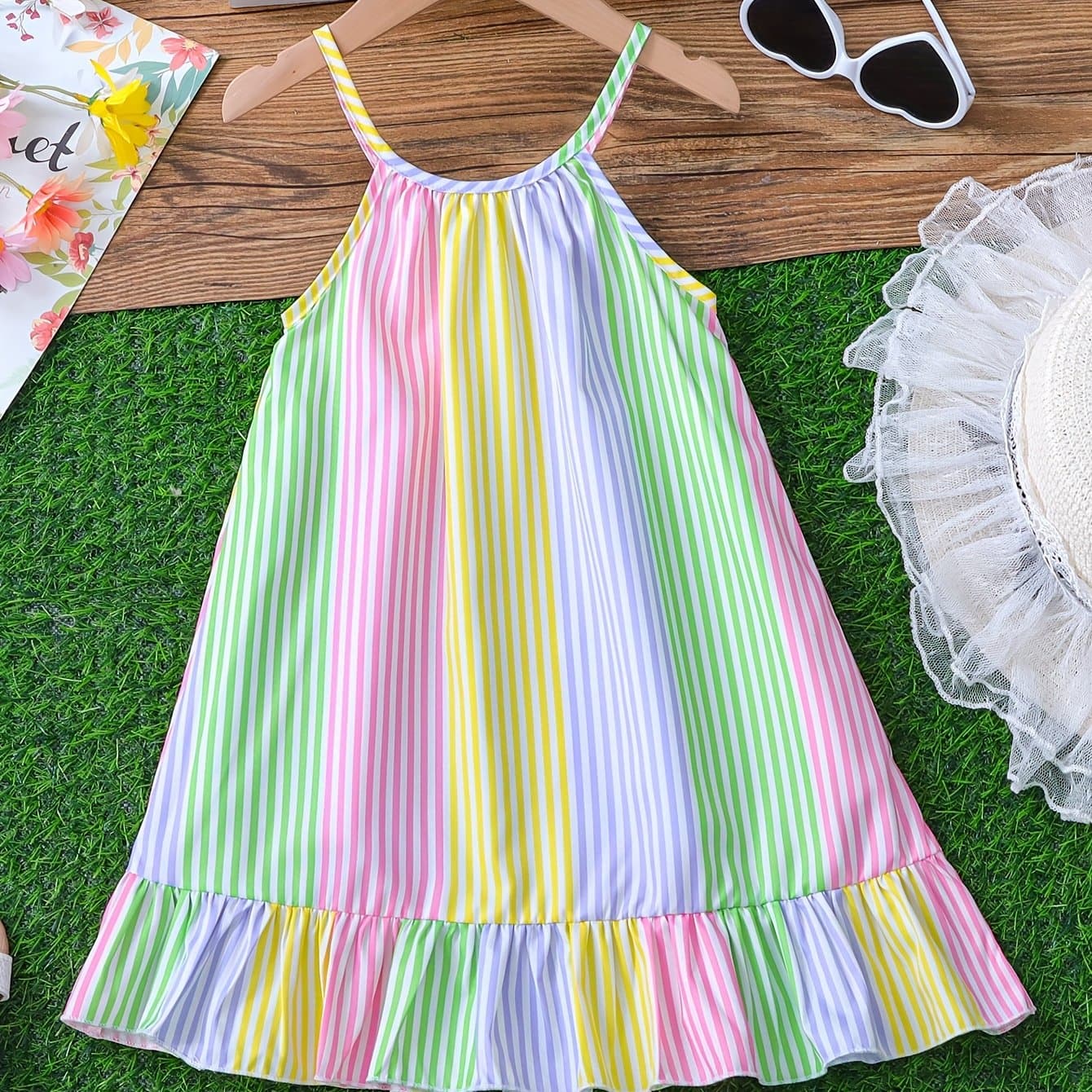 TEMU Girls' Summer Creative Striped Print Spaghetti Strap Ruffle Hem Dress For Kids'