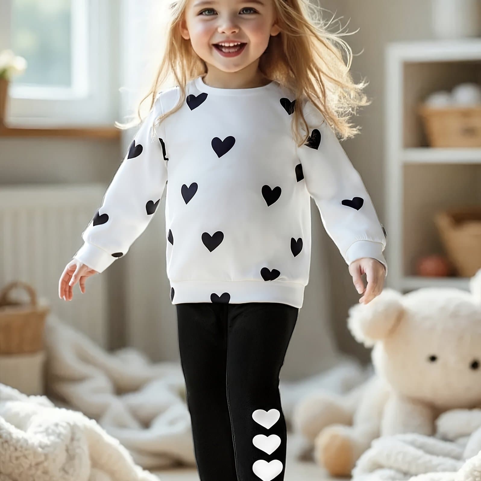 TEMU Girls' Autumn/winter Long Sleeve Heart Print T-shirt And Pants Set With Cute Heat Transfer Hearts, Perfect For Outdoor
