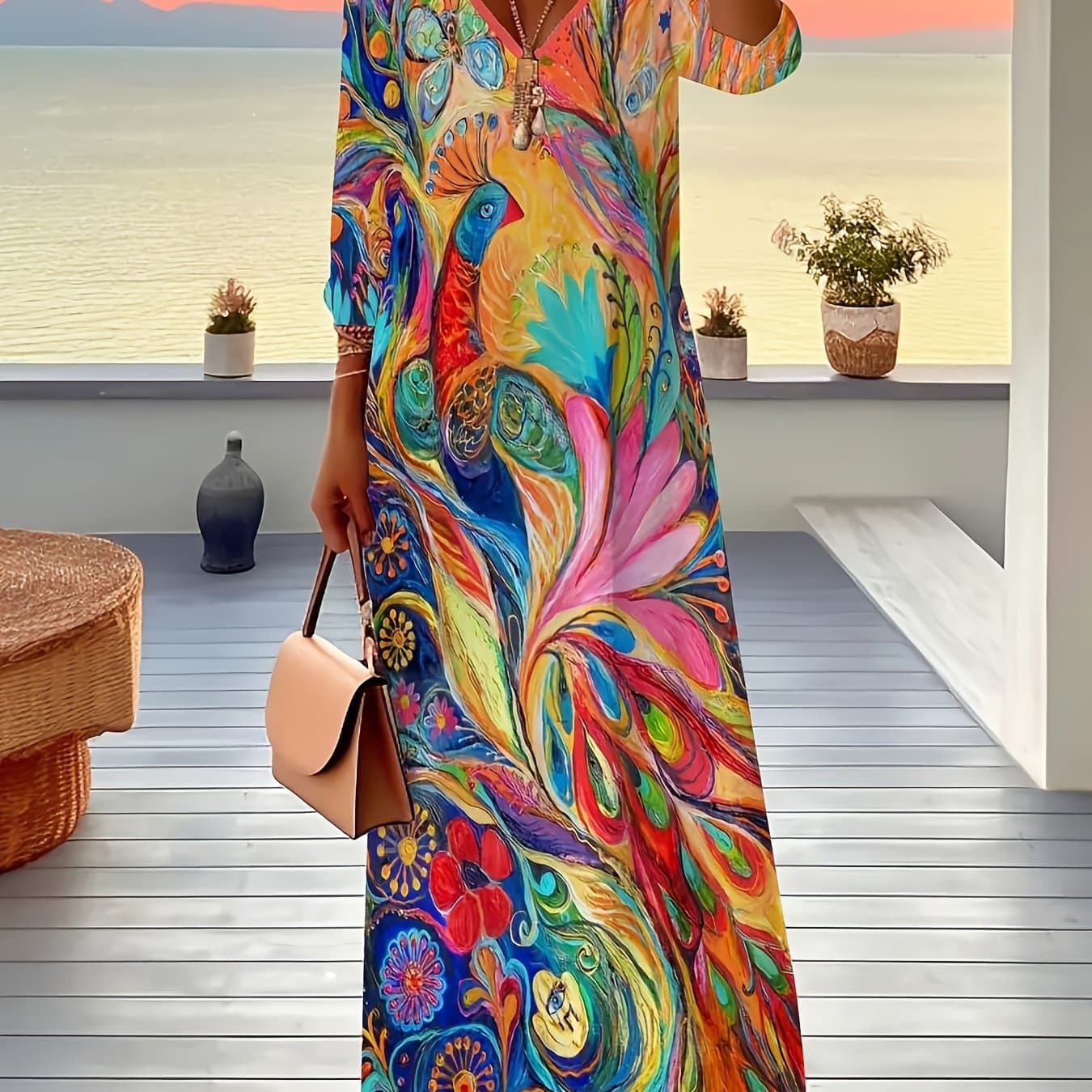 TEMU Spring And Autumn Deep V-neck Half-sleeved Loose Elegant Long Dress