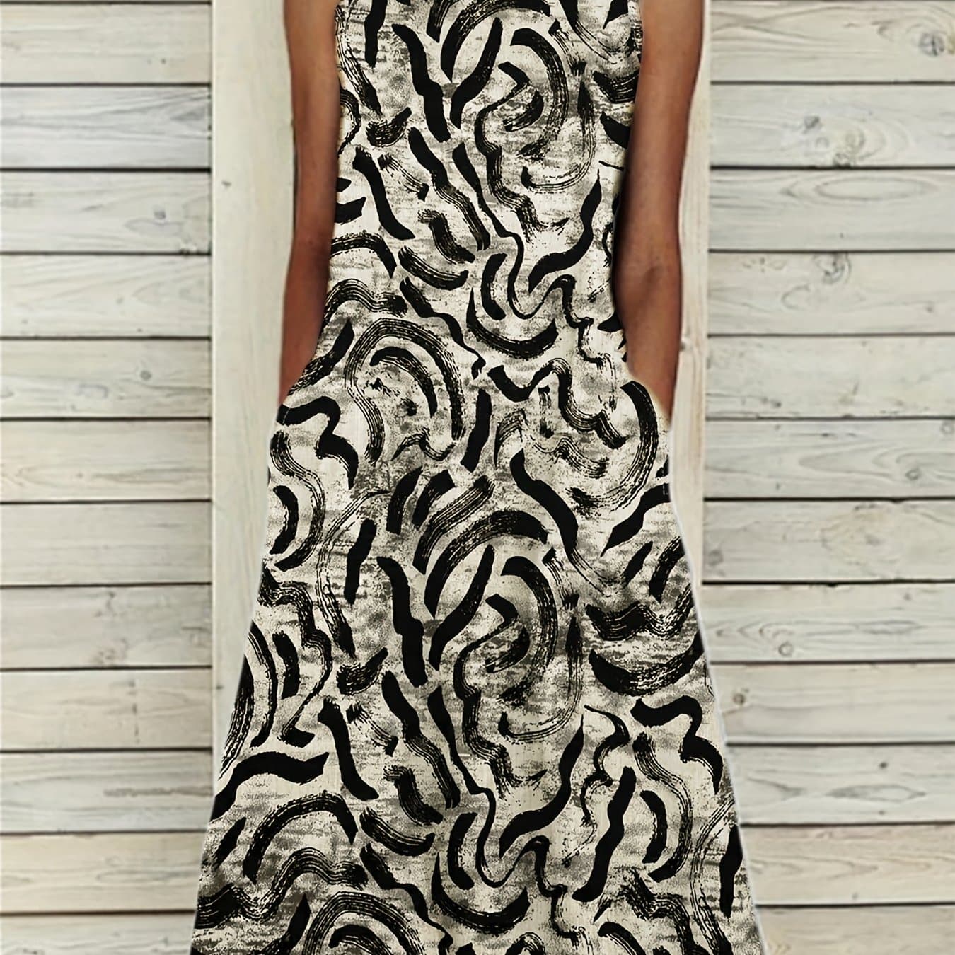TEMU Women's Casual Round Neck Sleeveless Printed A-line Loose Long Dress