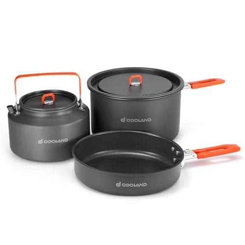 Odoland Camping Outdoor Cookware Mess Kit, Portable Camping Cooking Pot Frypan with Kettle Mesh Bag for Camping, Backpacking, Outdoor Cooking and