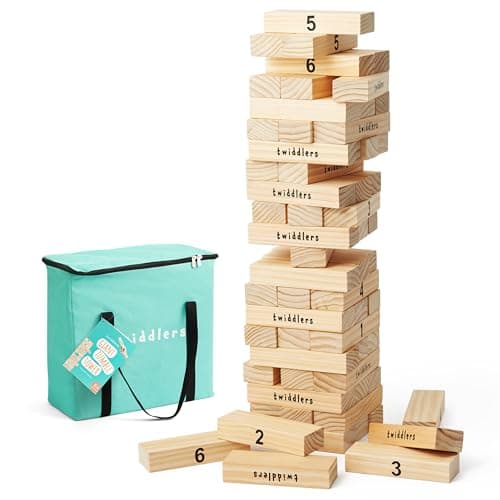 THE TWIDDLERS Large Tumble Tower Garden Lawn Game, 64 Premium Wooden Blocks, Stacks up to 4ft /1.2m High - Building Toys Outdoor Fun for Kids and