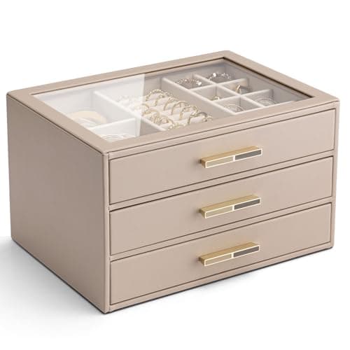 VLANDO 3-Tier Jewellery Box with Glass Lid, Gift for Women | Soft Velvet Lining, Separate Compartments for Rings, Earrings, Necklaces & Bracelets,