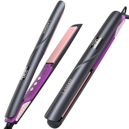LANDOT Ceramic Hair Straightener 1 Inch Dual Voltage Flat Iron 120-230°C | 30s Fast Heat Up, 12 Temp Settings Fine to Coarse Hair, Anti-Static