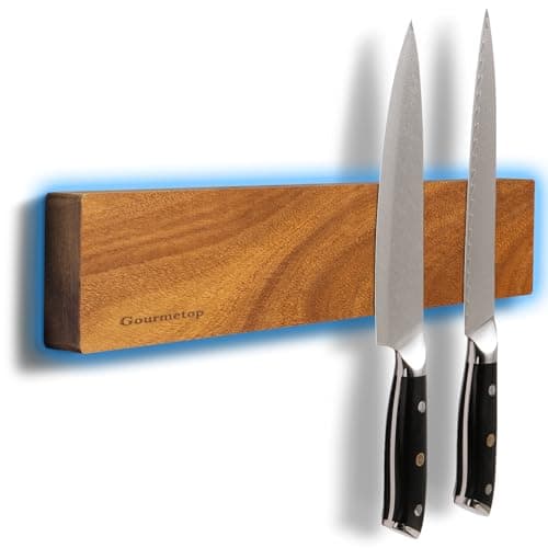 Gourmetop Magnetic Knife Holder for Wall 30.5cm, Acacia Wood, No Drill | Strong Dual-Row Magnet Holds 6 Knives & Heavy Cleavers, 3M Adhesive&Screw