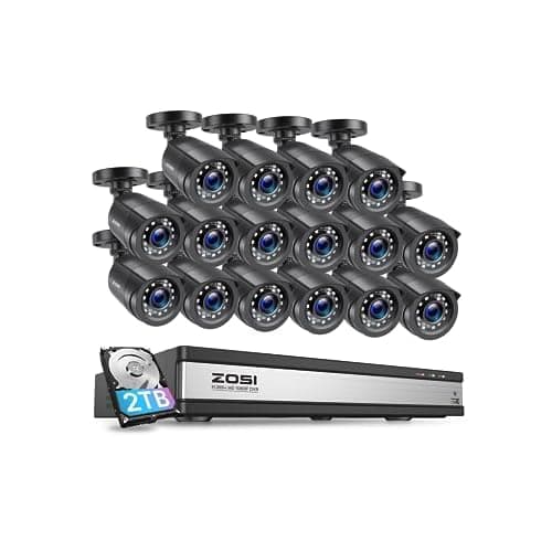 ZOSI 16 Channel Security Camera System, 16CH H.265+ 3K Lite DVR with 2TB HDD and 16Pcs 2MP Outdoor Indoor CCTV Bullet Cameras with 80ft Long Night