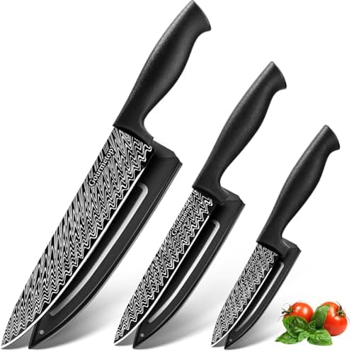 Gourmetop 3PCS Kitchen Knife Set with Cover, Sharp Black Knives for Cooking | 8" Chef, 5" Utility, 3.5" Paring Knives, Food-Grade Nonstick Coating,