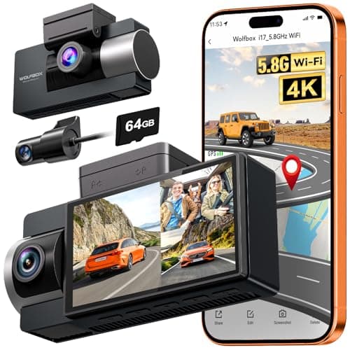 WOLFBOX i17 4K 3 Channel Dash Cam Built-in 5.8GHz WiFi with 64GB Card, 4K+1080P+1080P Dash Cam Front and Rear Inside, Triple Car Camera with 3 Inch