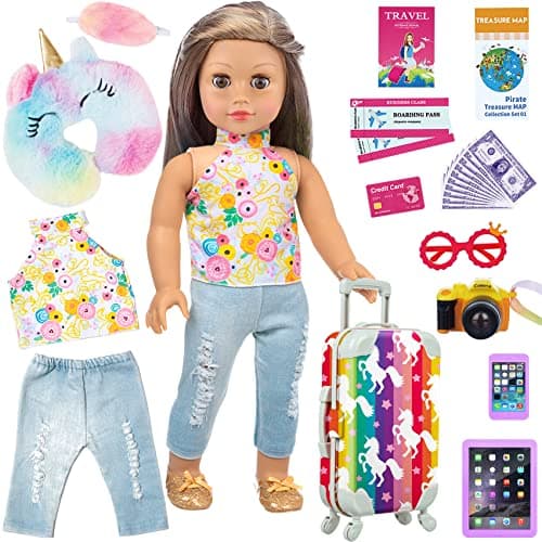 ZITA ELEMENT 24 Pcs 18 Inch Doll Clothes and Travel Suitcase Play Set | Unicorn Pattern Doll Clothes & Accessories;Fits 45cm / 18 Inch Dolls;Doll &