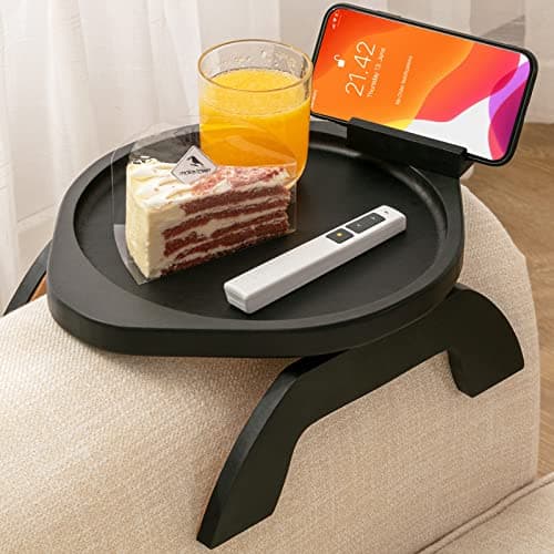 Bamboo Sofa Arm Tray Table with Rotating Mobile Holder, Stable Couch Armrest Tray, Clip-On Sofa Tray Table for Wide Couches, Foldable Couch Arm Clip
