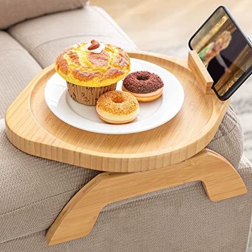 SITREMEN Bamboo Sofa Arm Tray with Rotating Mobile Holder, Stable Couch Armrest, Clip-On Sofa Tray Table for Wide Couches, Foldable Arm Clip Table for