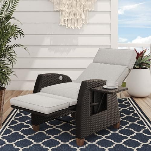 Grand patio Recliner Sun Lounger Wicker Adjustable Position Backrest Armchair with Flip Table and Cushion Lounge Chair Sun Lounger for Garden, Yard,