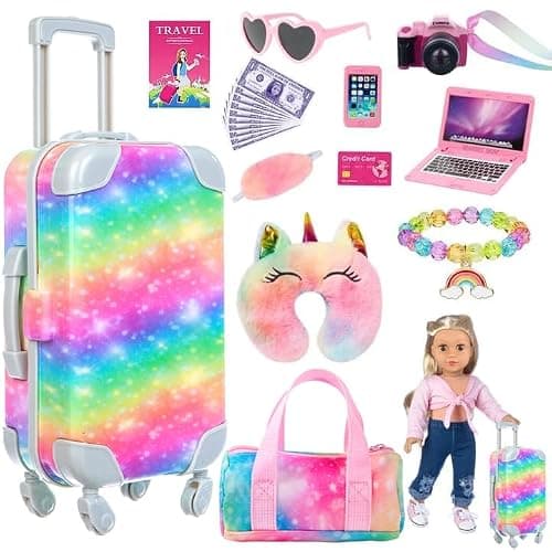K.T. Fancy 23 PCS 18 Inch Girl Doll Accessories Suitcase Luggage Travel Set | Rainbow Suitcase,doll Bag,Camera,Computer,Cell Phone,Neck Pillow,Eye