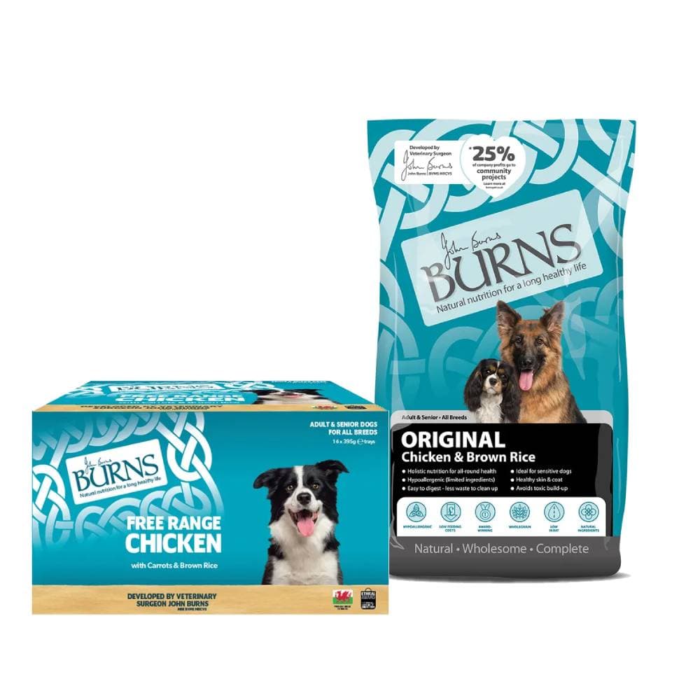 12kg Burns Dry Dog Food + 16 x 395g Wet Dog Food - 20% Off! * - Adult & Senior Original Chicken & Brown Rice (12kg) + Wet Food for Dogs Chicken (16 x