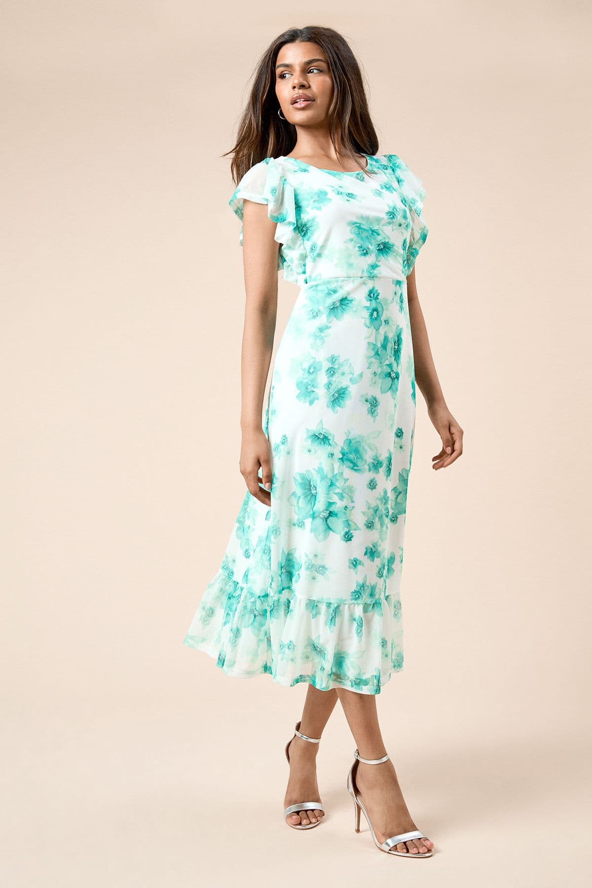 Dorothy Perkins Women's Petite Green Floral Frill Sleeve Belt Detail Mesh Jersey Midi Dress | Size: 8