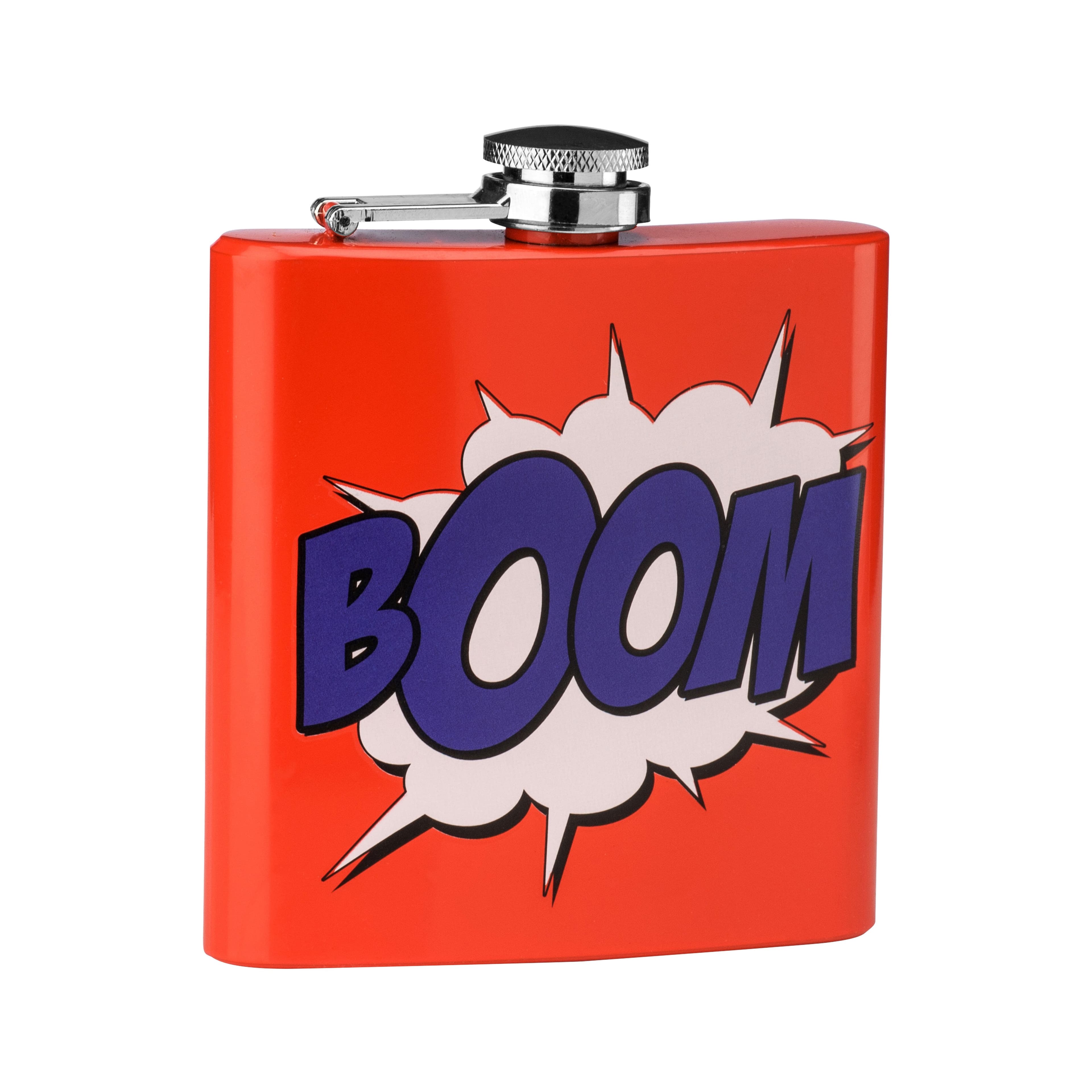 Orsina Red Hip Flask With Boom Design, Bold 5oz Stainless Steel Flask With Comic-Inspired Print, Secure Screw Cap