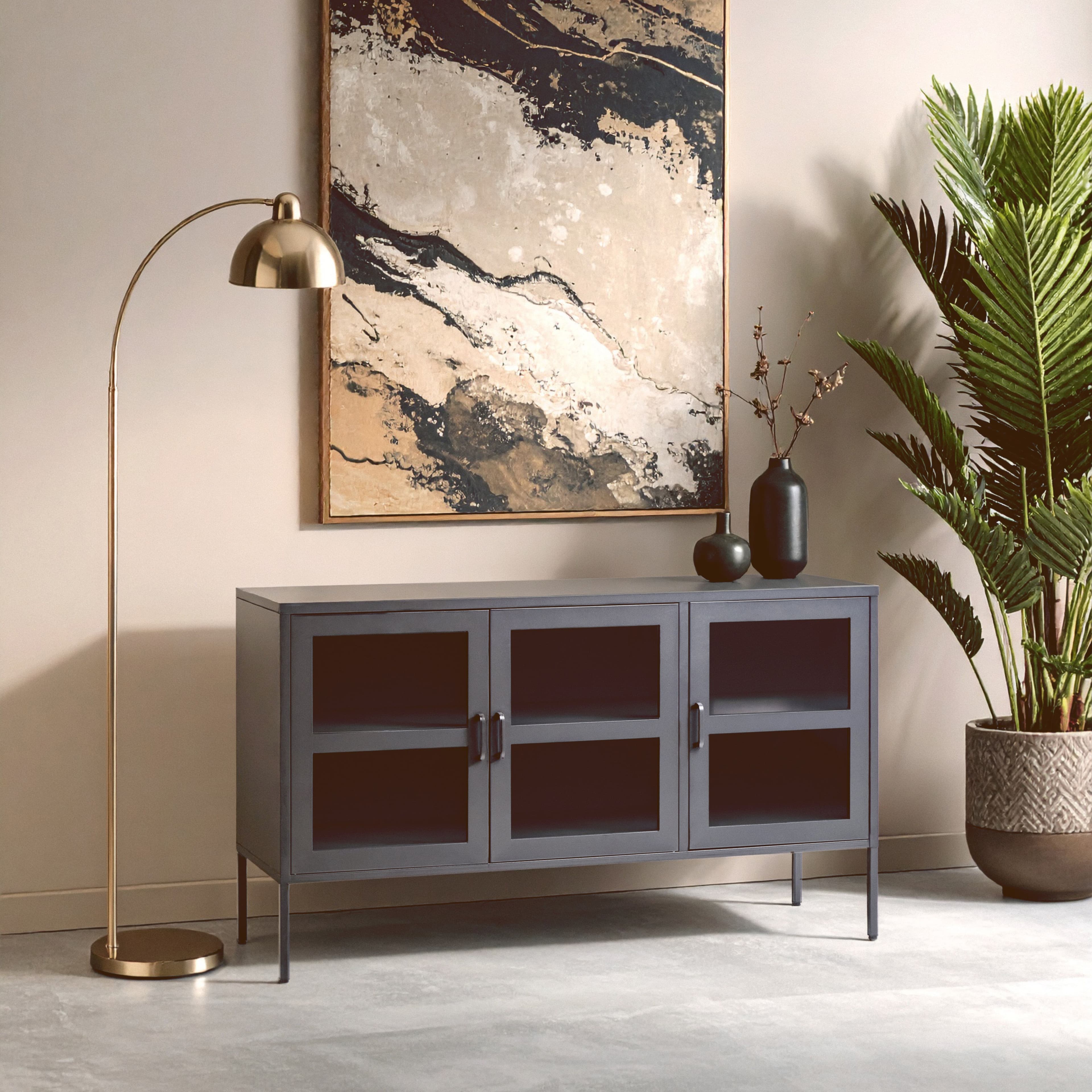 Orsina Adjustable Three Door White Metal Sideboard, IndustrialMid Century Sideboard, Versatile Modern Sideboard in Grey