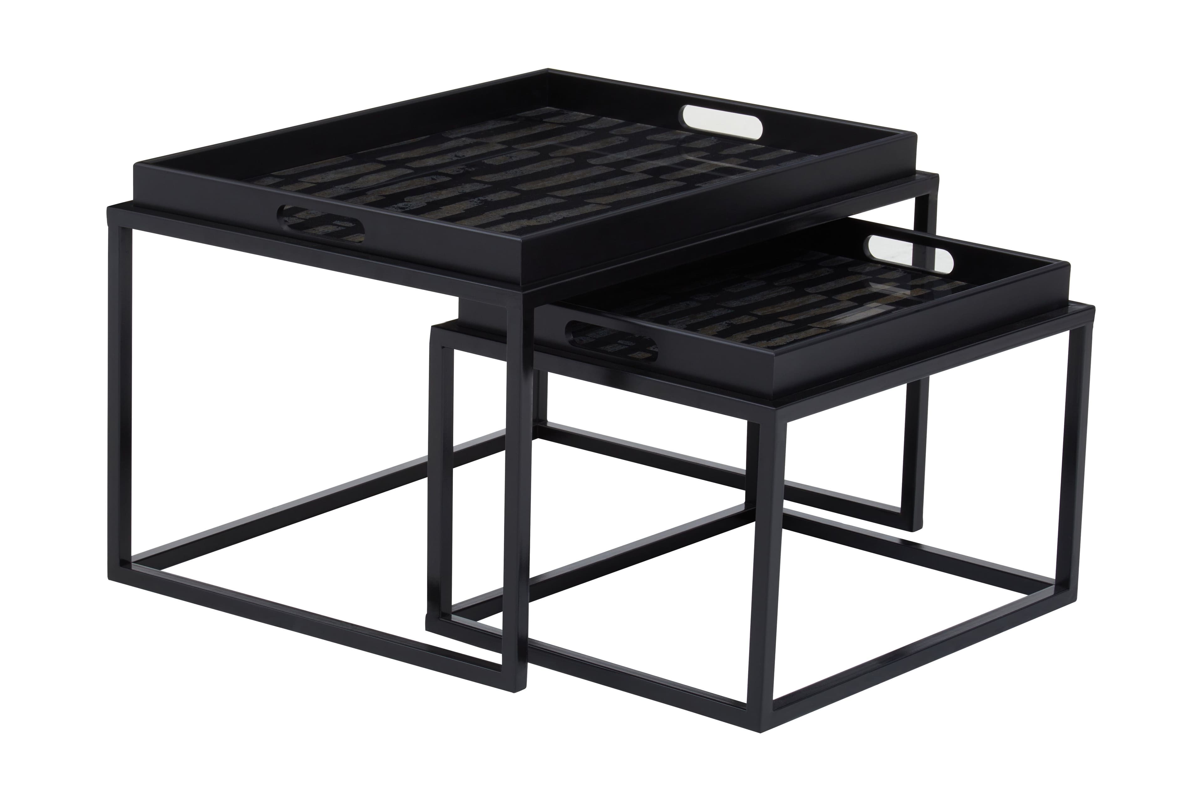 Orsina Set of 2 Assorted Colour Nesting Tables, Abstract Art Tempered Glass Tops with Removable Tray Feature in Black