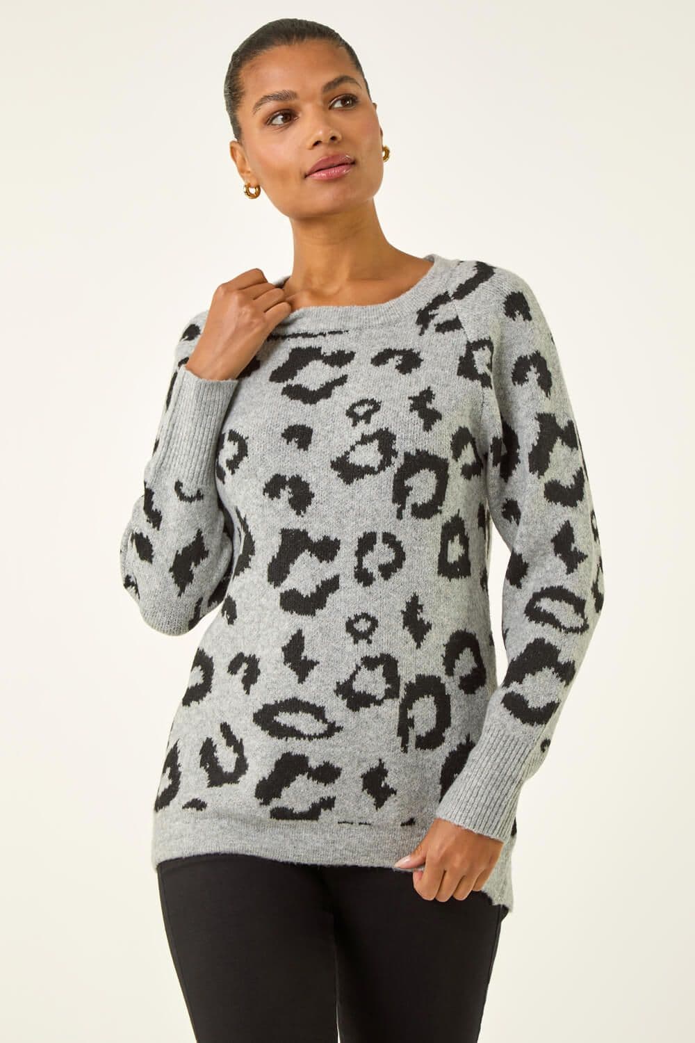 Roman Women's Jacquard Animal Print Jumper in Grey | Size: 10