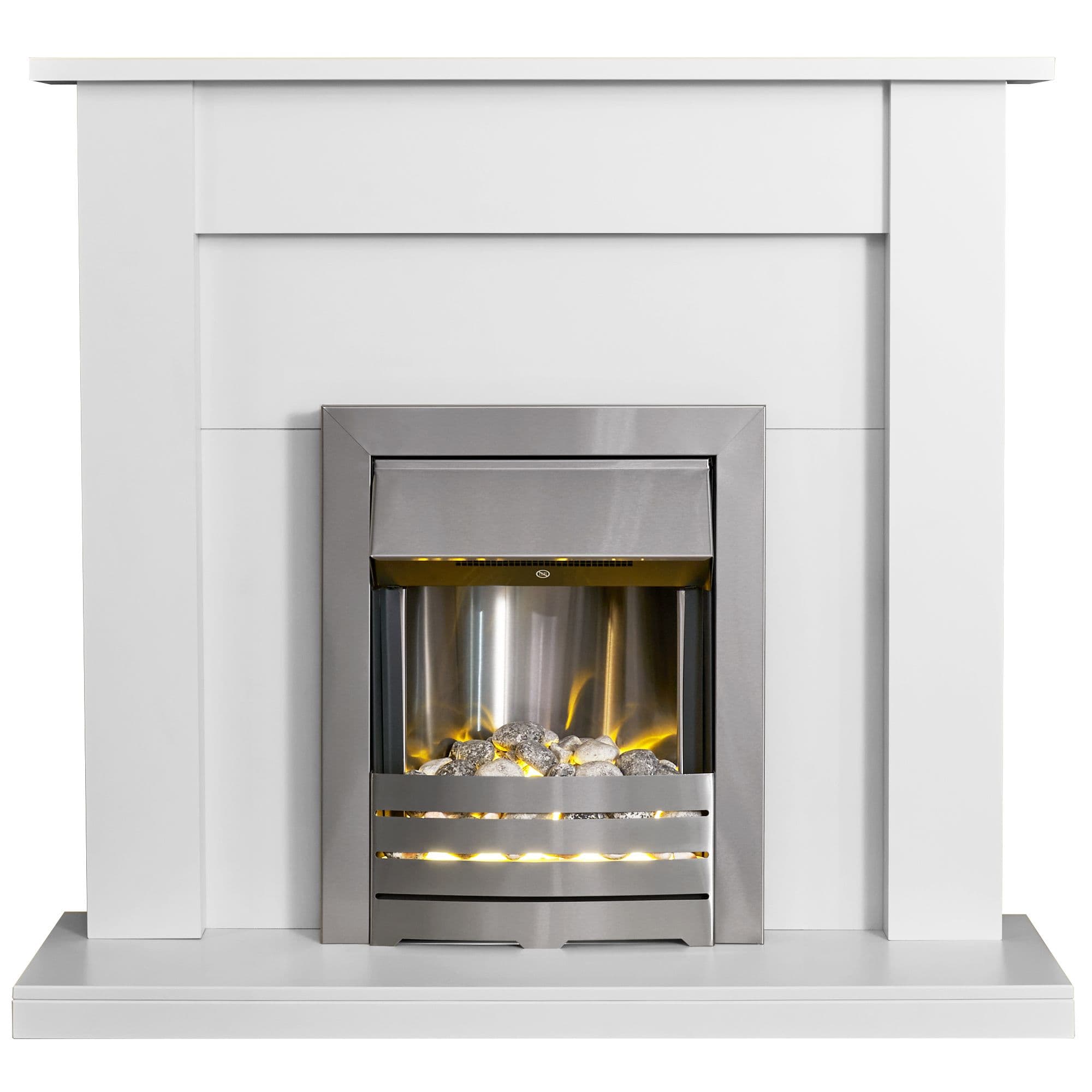Adam Fires & Fireplaces Adam Sutton Fireplace in Pure White with Helios Electric Fire In Brushed Steel, 43 Inch in Grey