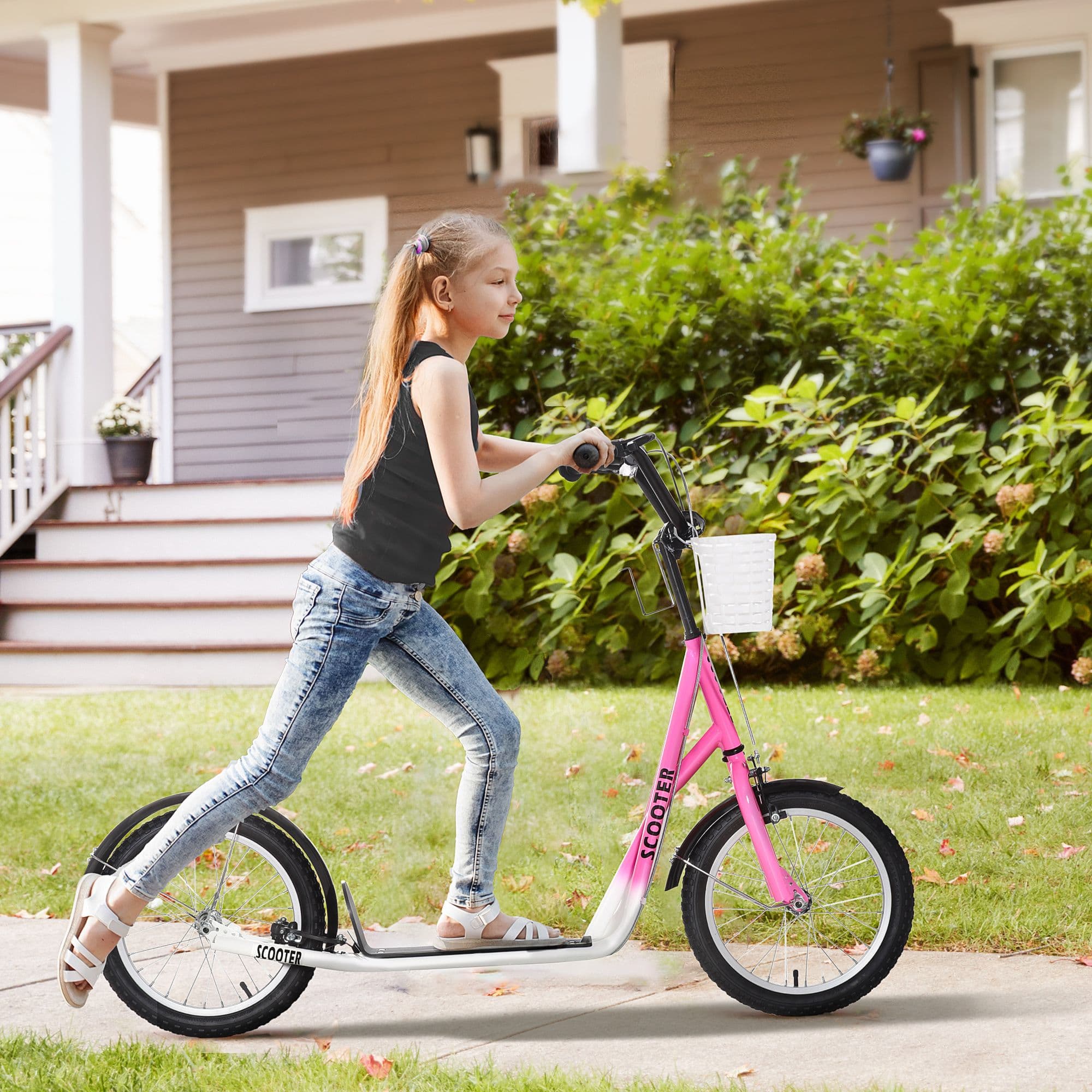 HOMCOM Kids Scooter Teen Ride On Children Scooter 16" Inflatable Rubber Tyres in Pink