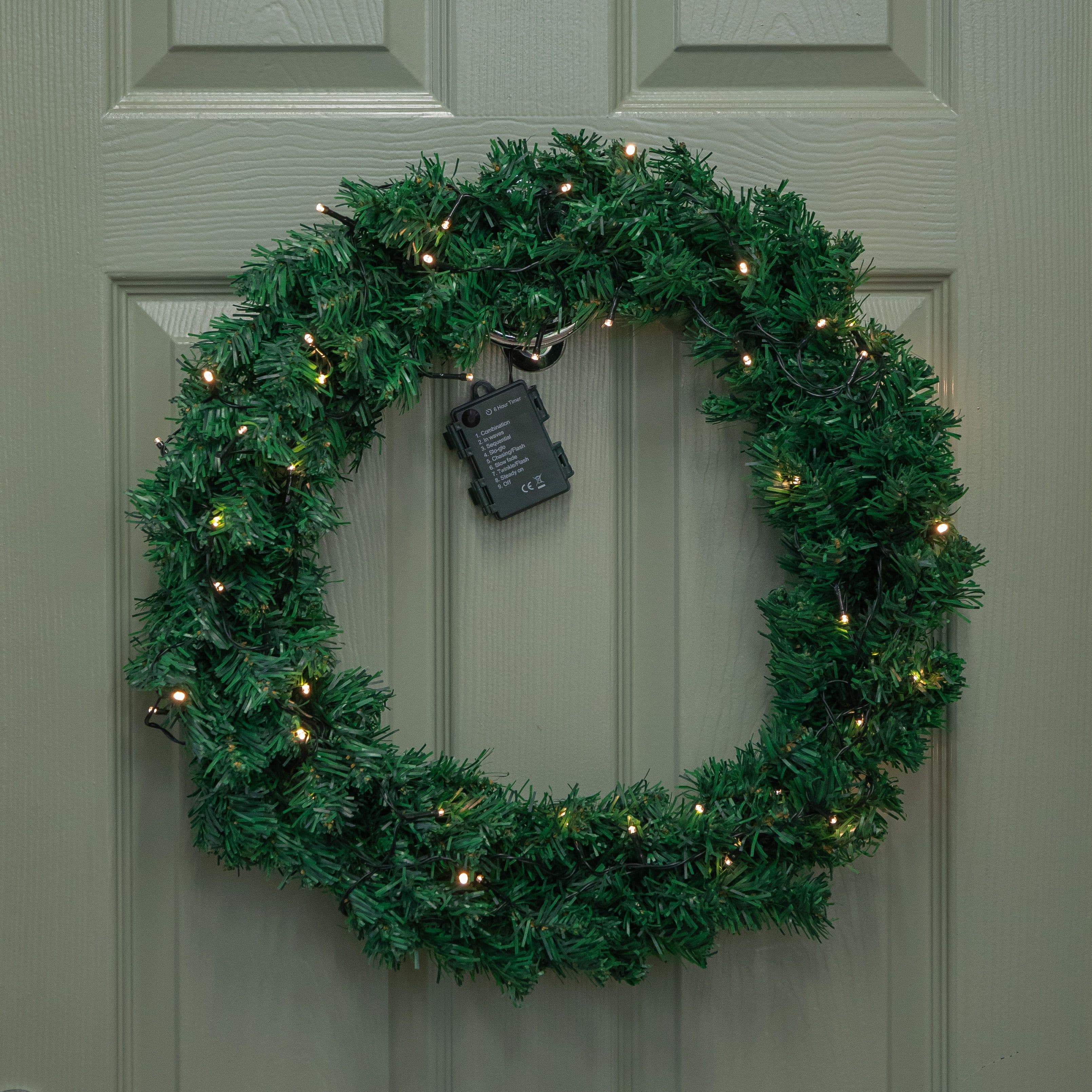 Samuel Alexander 60cm Pre Lit Plain Green Christmas Wreath with Warm White LEDs & 160 Tips