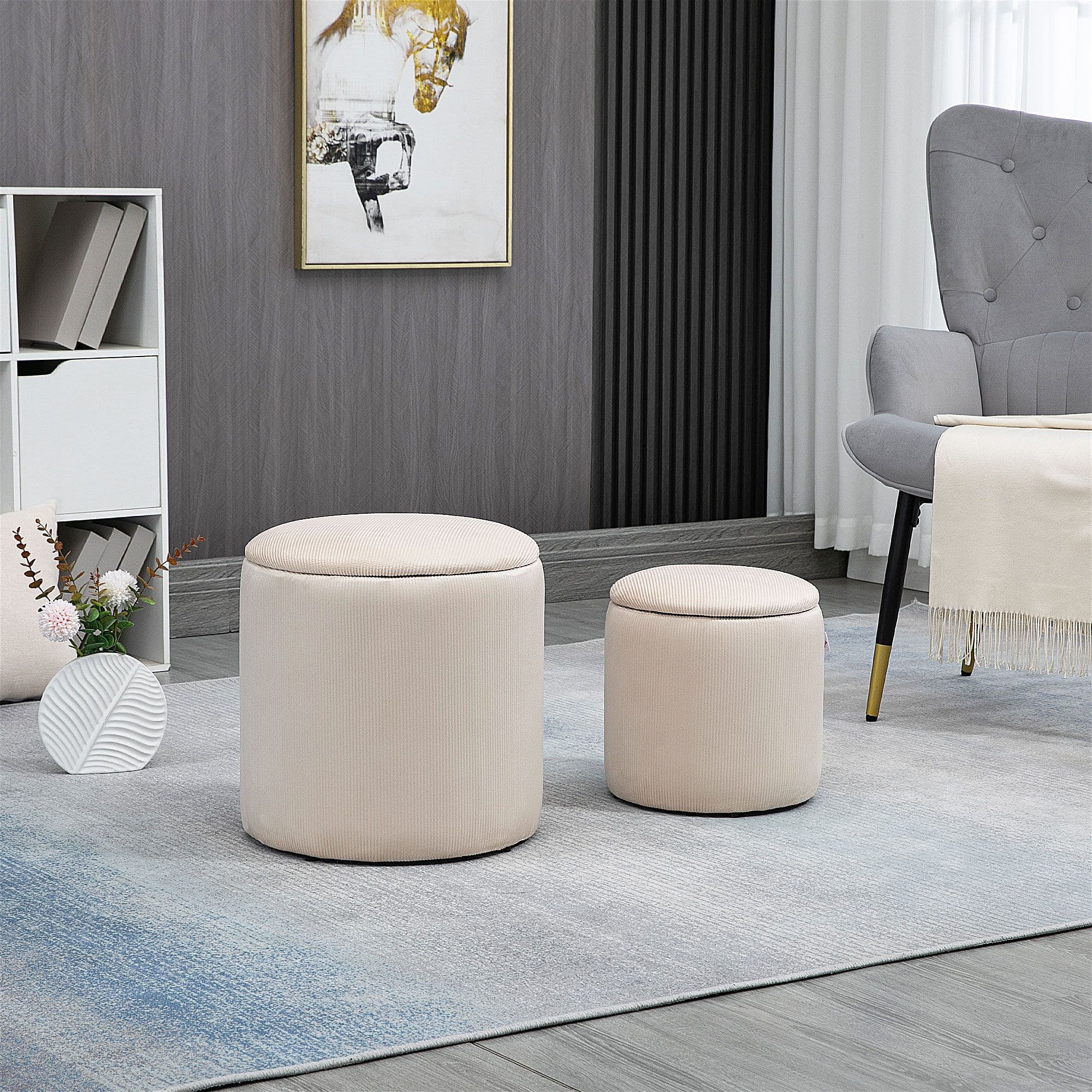 HOMCOM Modern Fabric Storage Ottoman with Removable Lid, Set of 2 in Cream